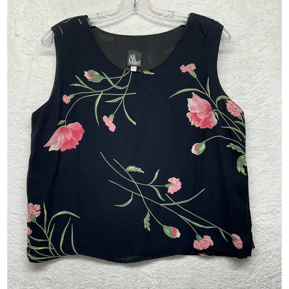 Ali Miles Womens Size L Black Sleeveless Floral Tank Top (M3)
